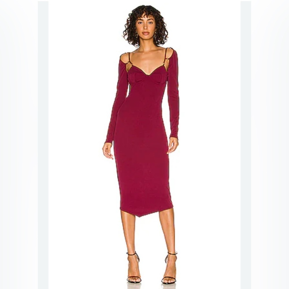 NWT NBD Riven Bustier Cocktail Midi Dress Small Burgundy Long Sleeve Sexy Club
